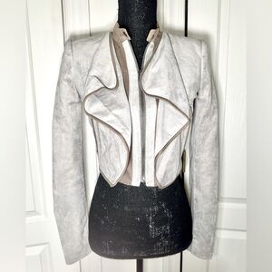 BCBGMaxAzria Sloan Vegan Suede Cropped Moto Jacket Moss Gray’Beige long sleeve